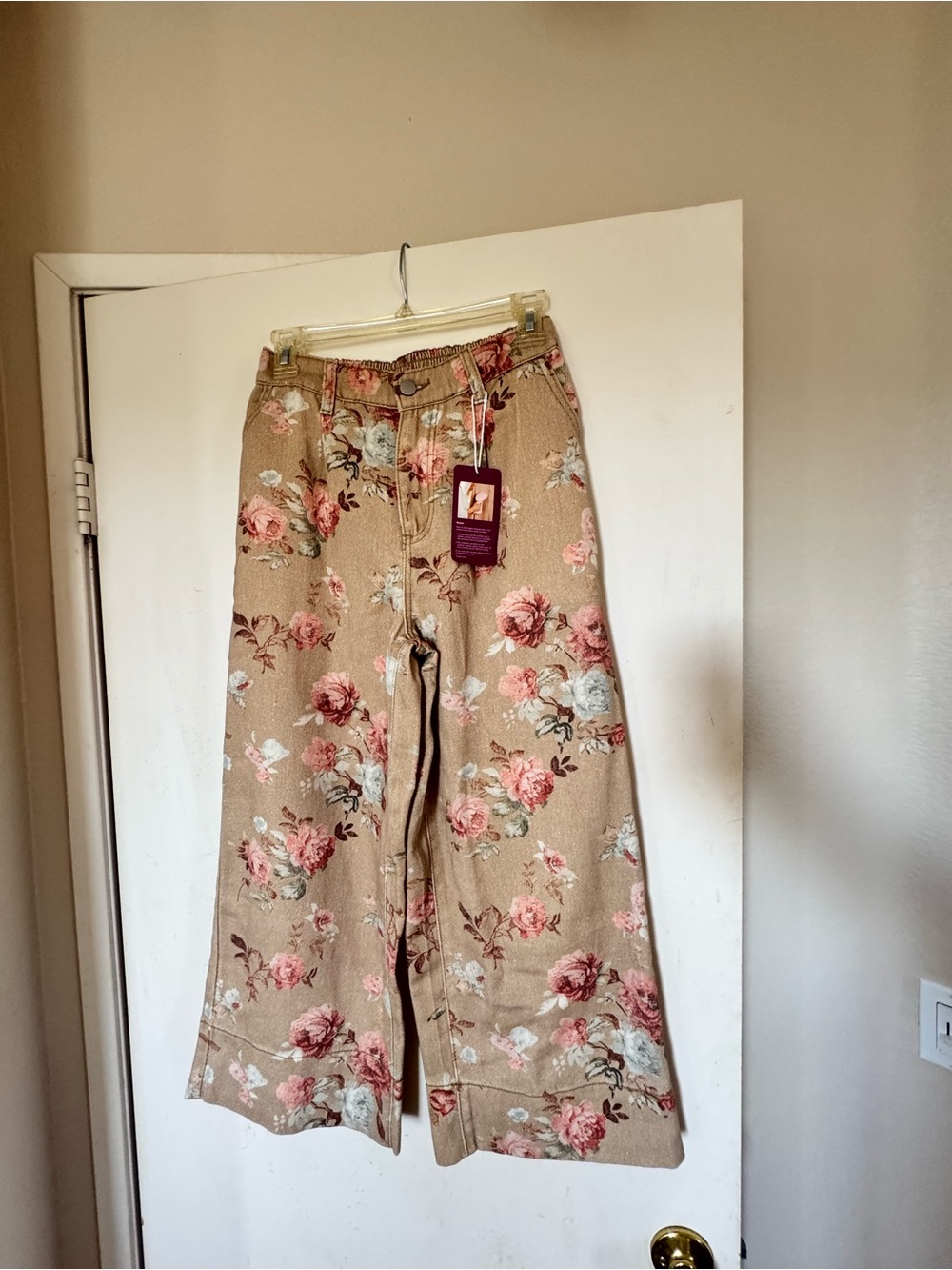 Floral Wide-Leg Beige Denim with Pink Rose Print stretch waist in back